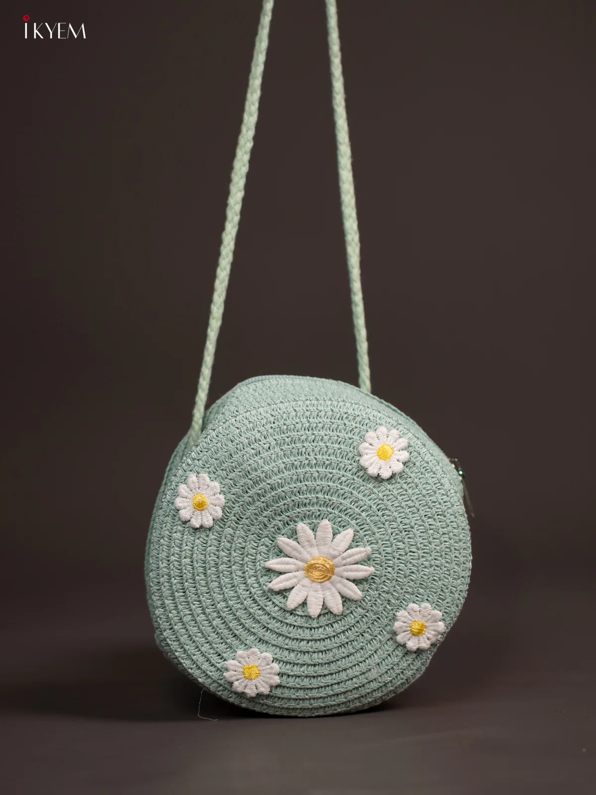 Jute Round Sling Bag Floral Design  Green - Image 3