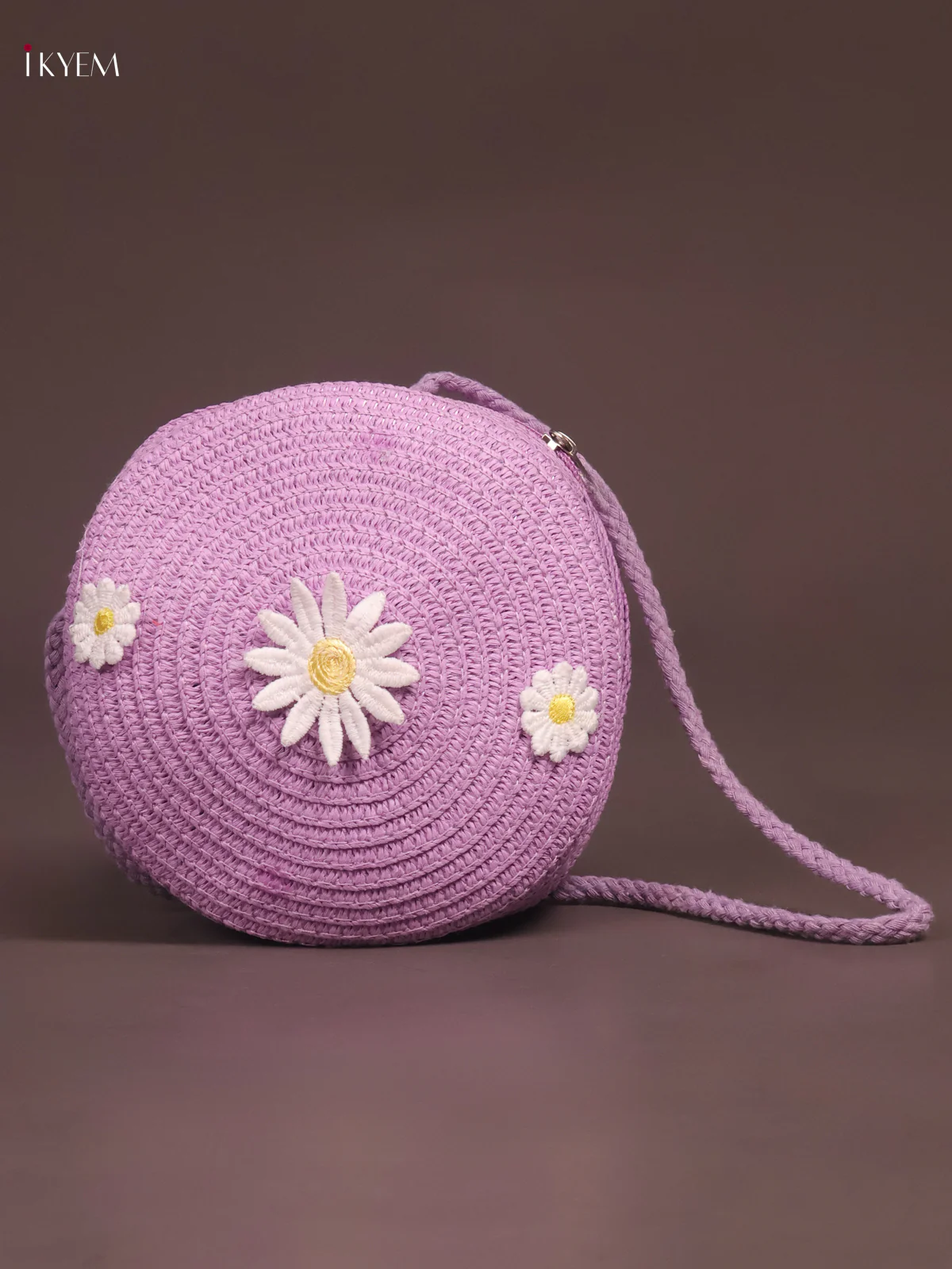 Jute Round Sling Bag Floral Design  Violet