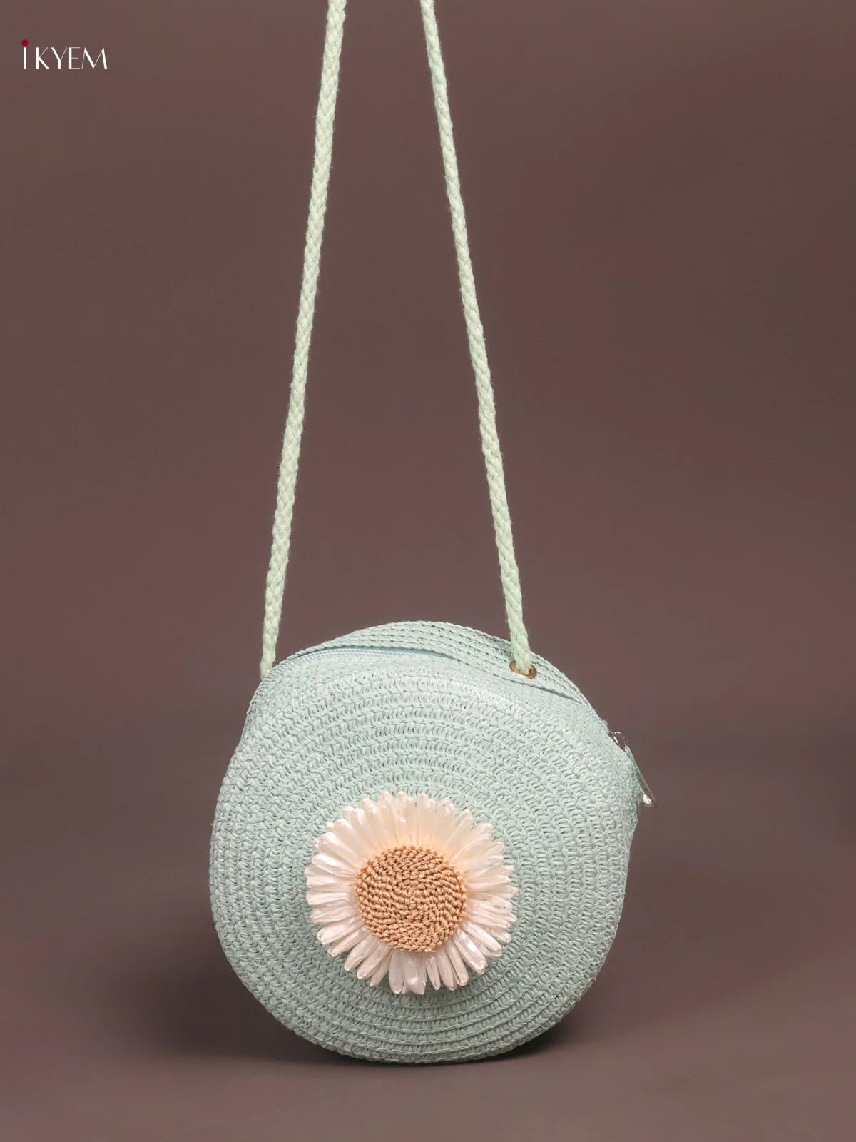 Jute Round Sling Bag Floral Design  Green - Image 3