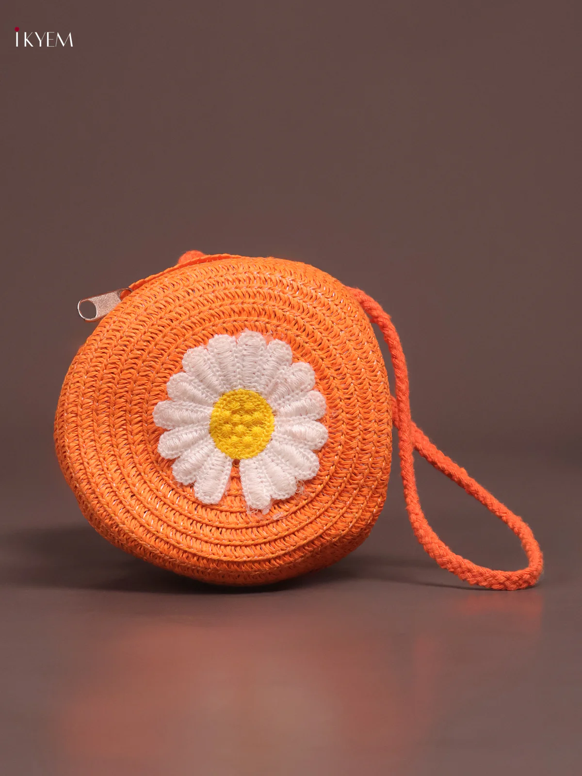 Jute Round Sling Bag Floral Design Orange