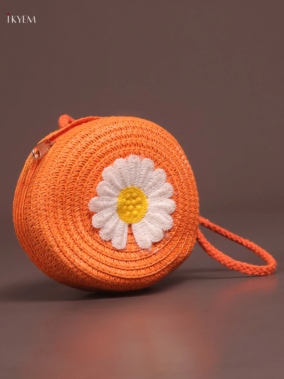 Jute Round Sling Bag Floral Design Orange - Image 2
