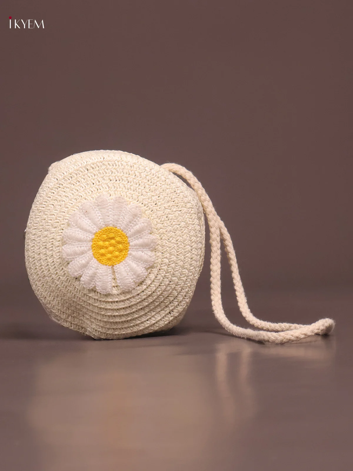 Jute Round Sling Bag Floral Design White