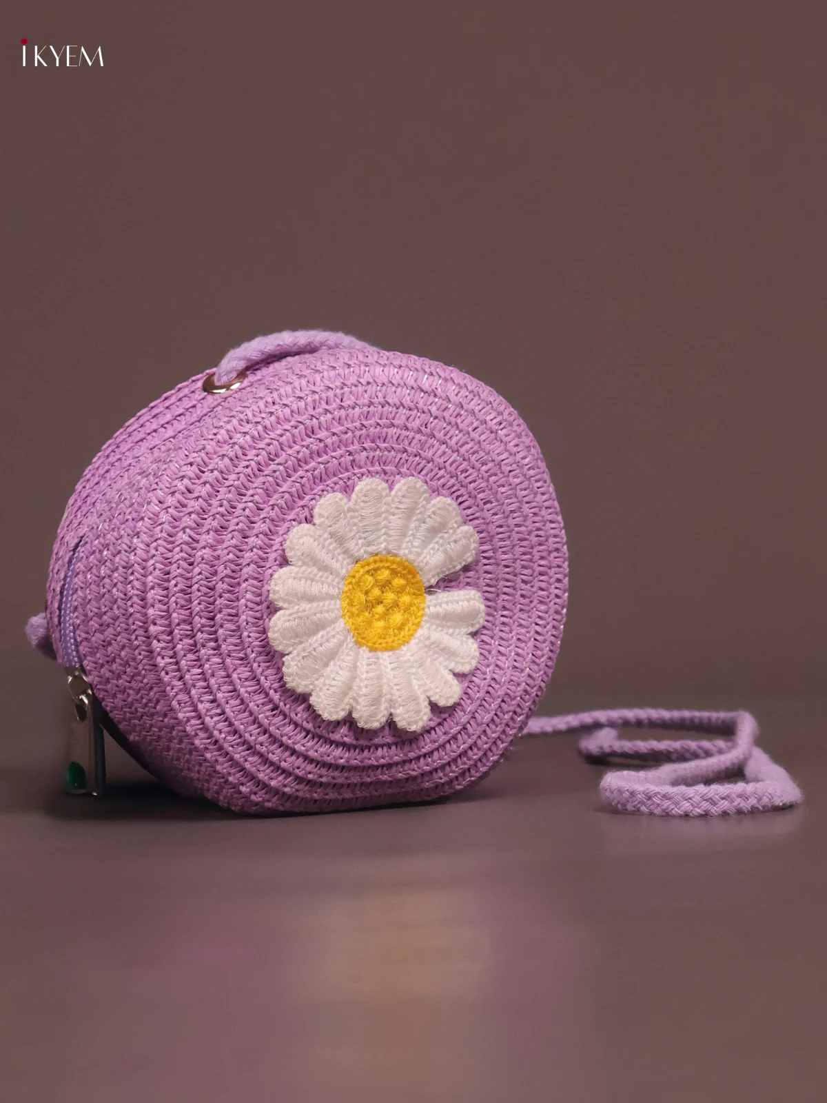Jute Round Sling Bag Floral Design Violet - Image 2