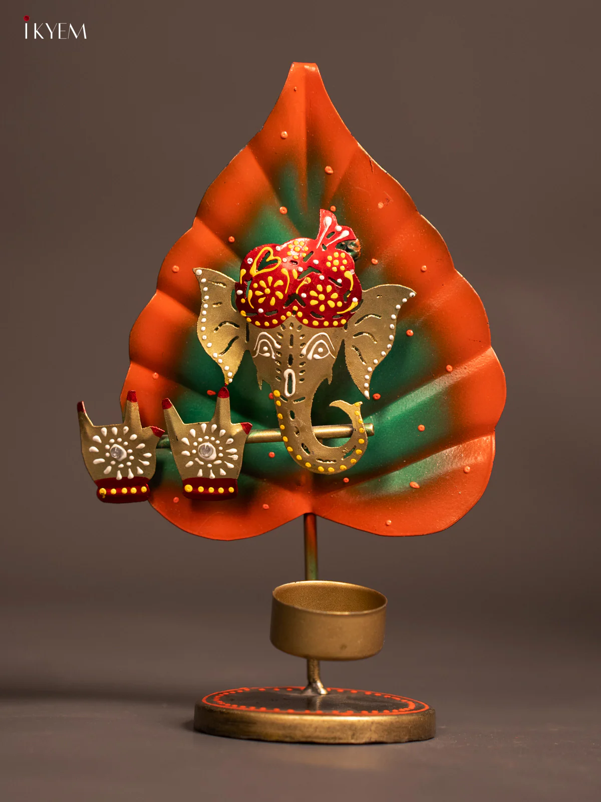 Hand-Painted Leaf Ganesha Metal T-Light Candle Holder - 10 Inch - KE24117