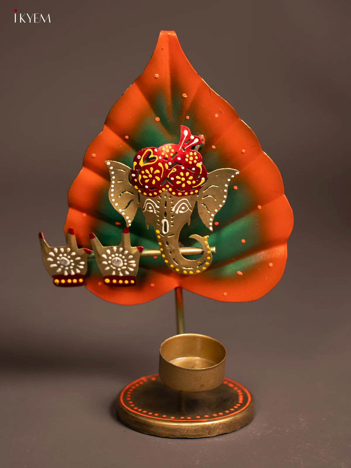 Hand-Painted Leaf Ganesha Metal T-Light Candle Holder - 10 Inch - KE24117 - Image 2