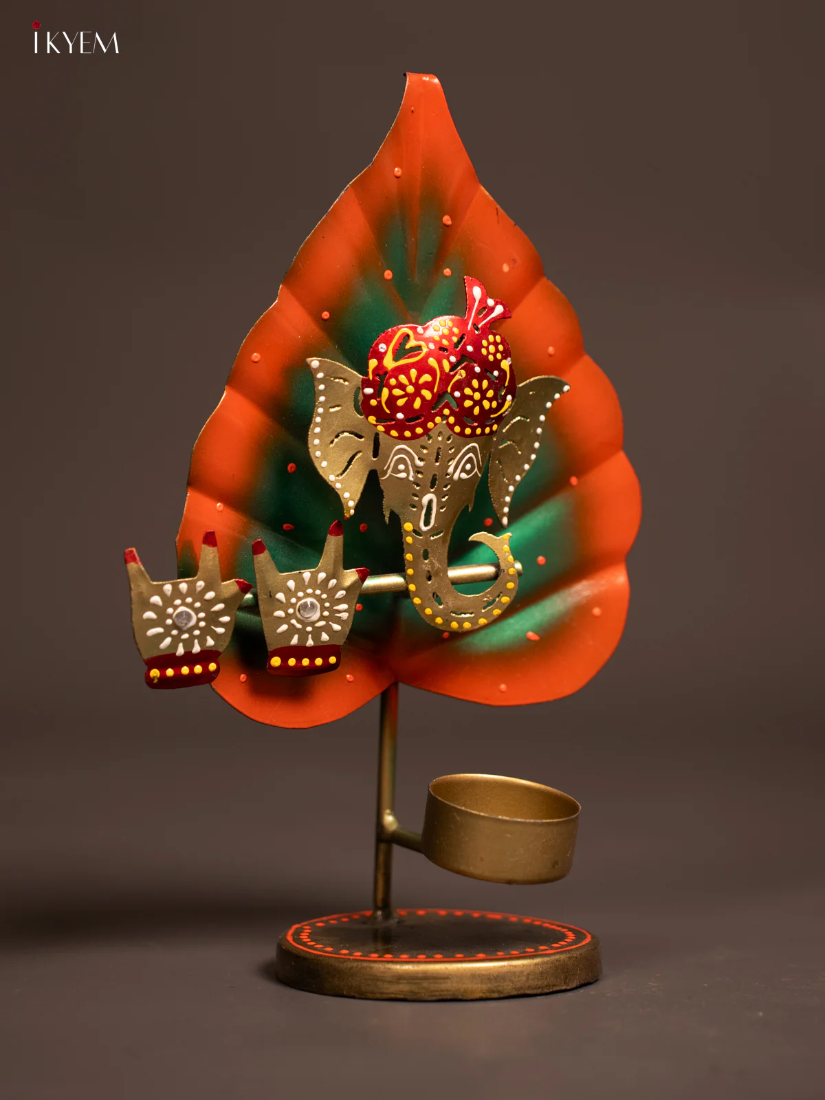Hand-Painted Leaf Ganesha Metal T-Light Candle Holder - 10 Inch - KE24117 - Image 3