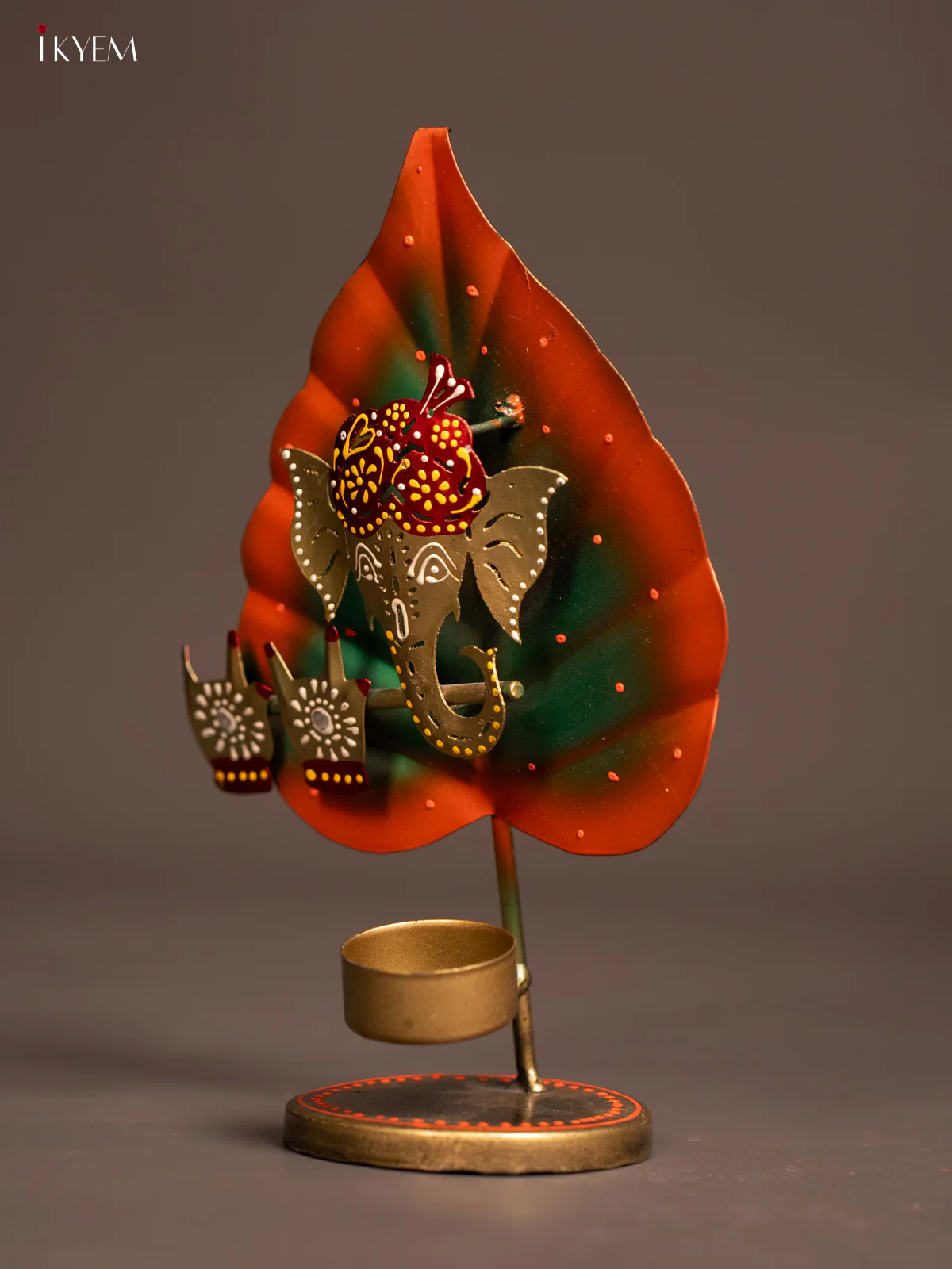 Hand-Painted Leaf Ganesha Metal T-Light Candle Holder - 10 Inch - KE24117 - Image 4