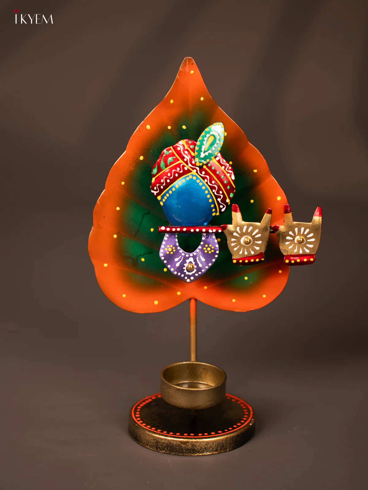 Metal Hand painted Leaf Krishna T - Light Candle Holder - 10 Inches - KE24118 - Image 2