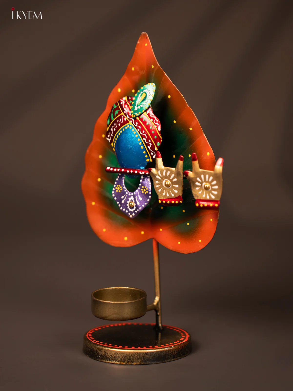 Metal Hand painted Leaf Krishna T - Light Candle Holder - 10 Inches - KE24118 - Image 5