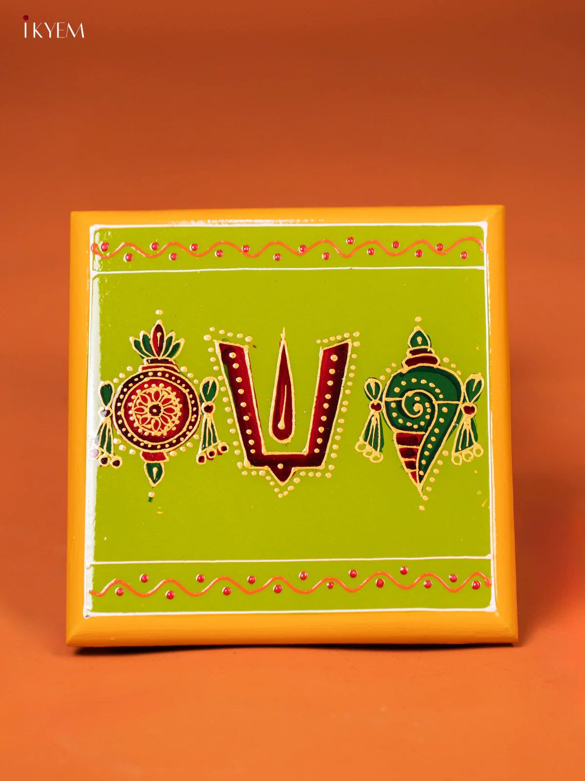 Sangu Chakram Namam Hand-Painted Wooden Chowki - (6×6) Inches - KE27123