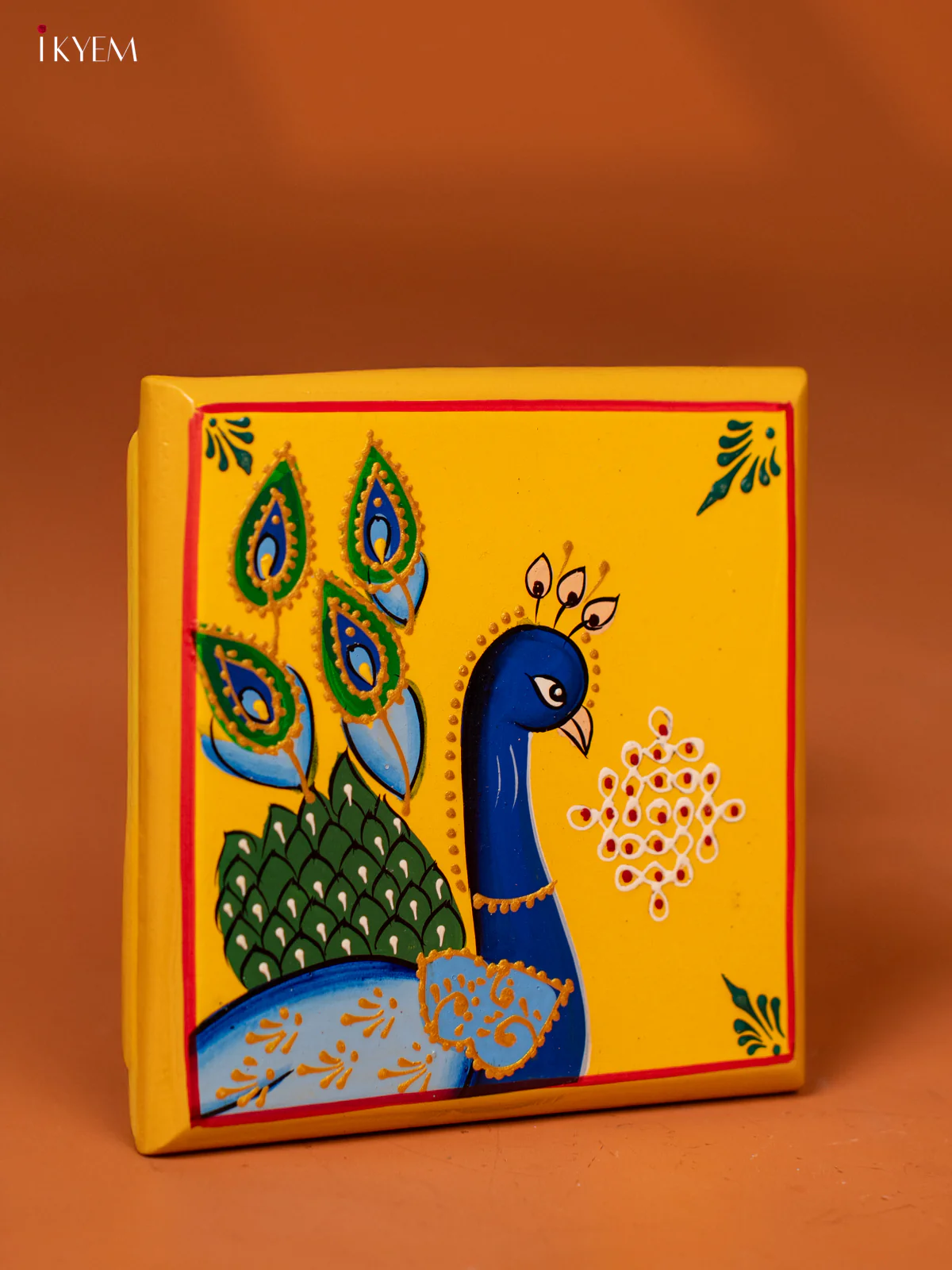 Peacock Hand-Painted Wooden Chowki - Yellow - (6×6) Inches - KE27124 - Image 2