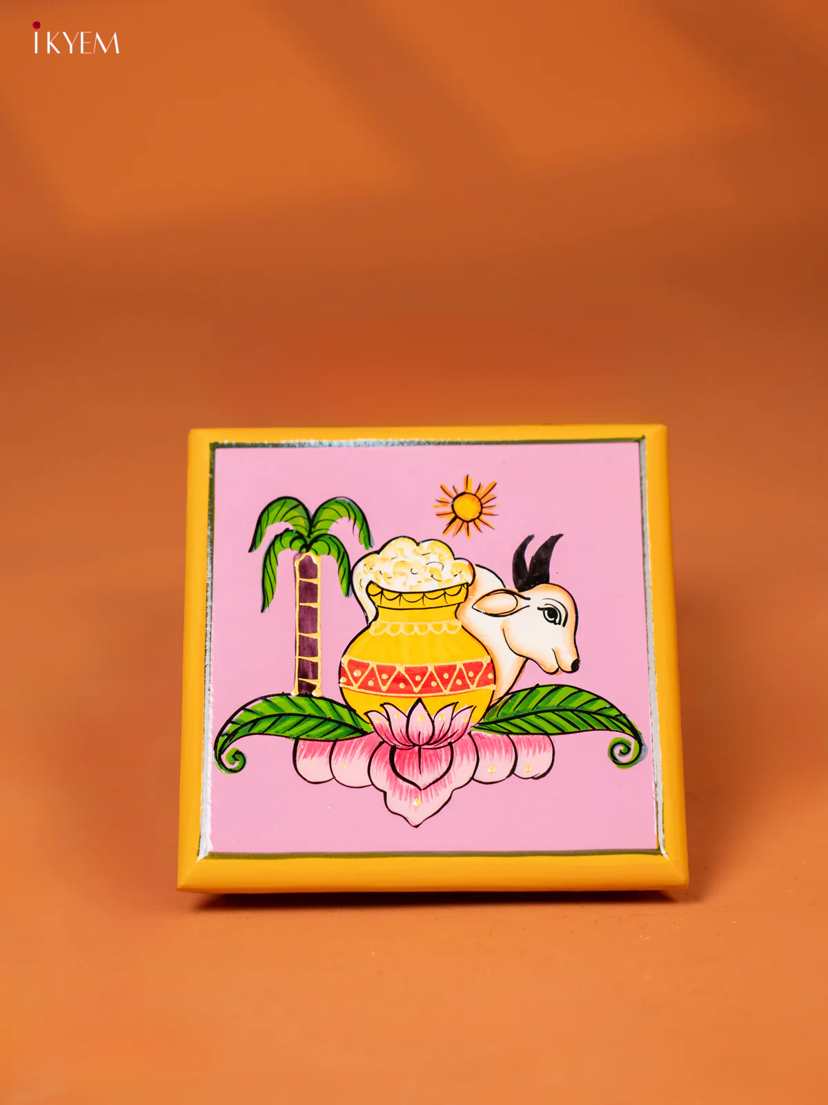 Pongal Hand-Painted Wooden Chowki - (6×6) Inches - KE27125
