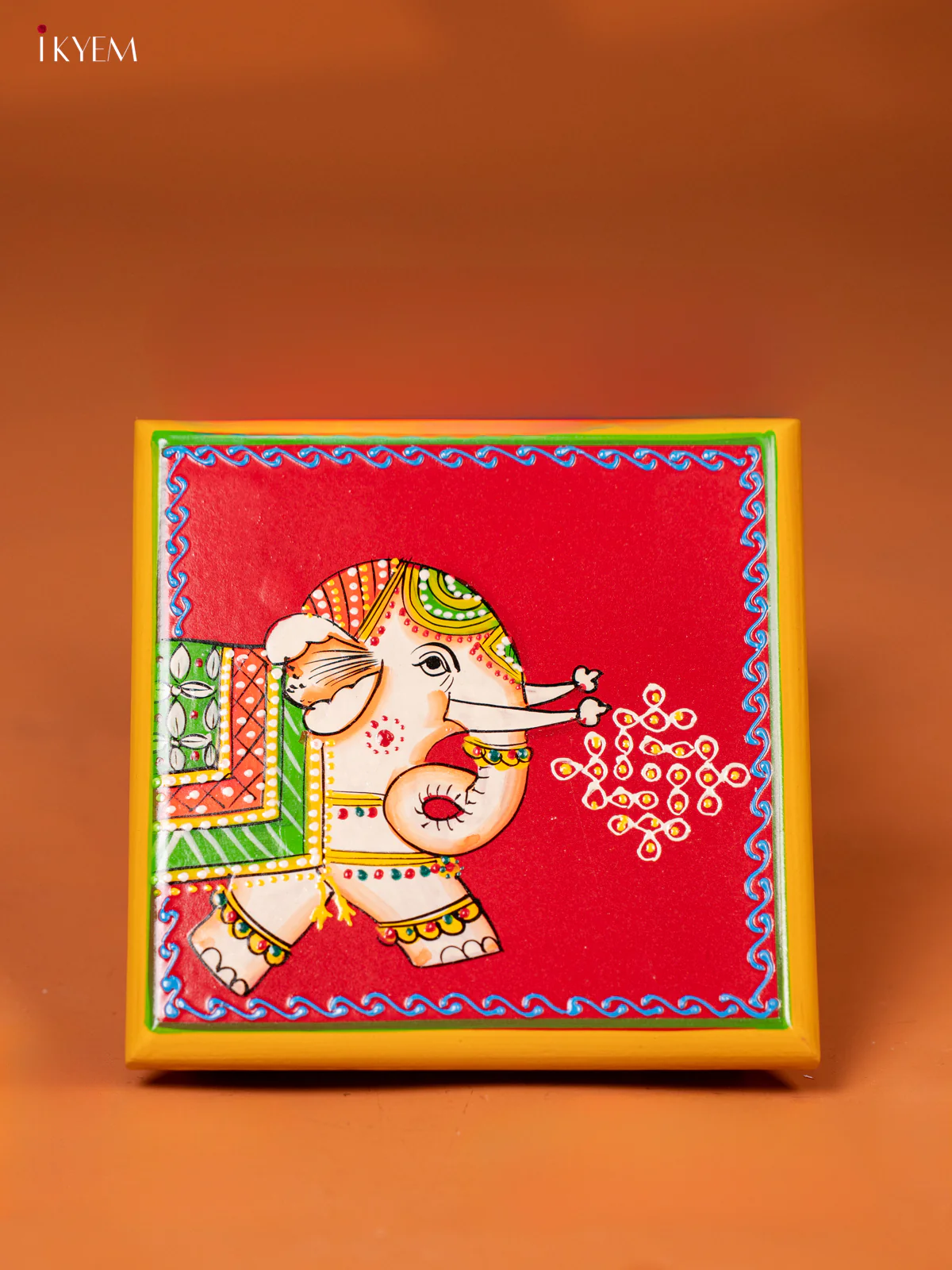Elephant Hand-Painted Wooden Chowki - (6×6) Inches - KE27126