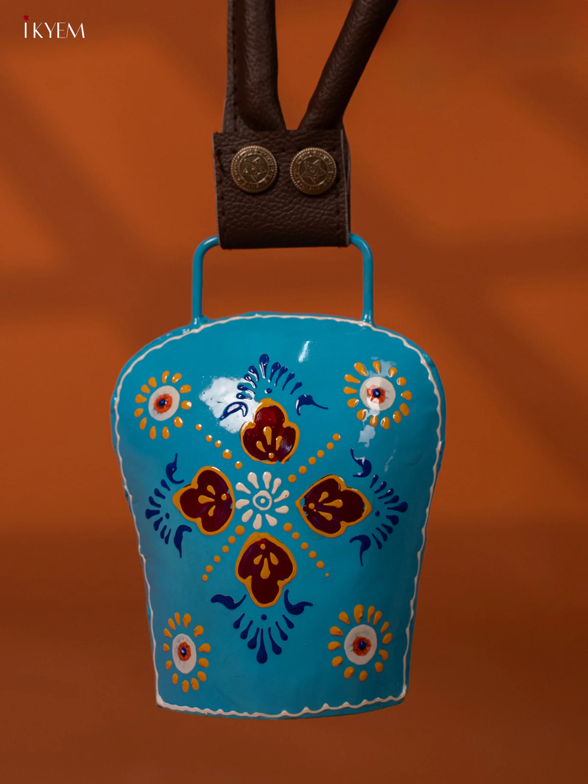 Hand Painted Cow Bell with Leather Handle - Medium - sky blue - KE27155 - Image 3