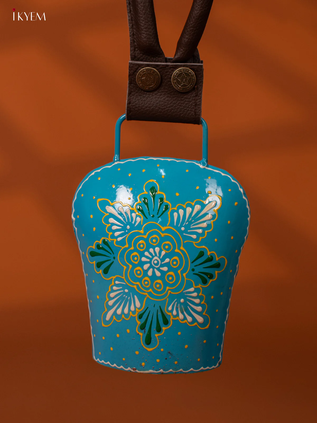 Hand Painted Cow Bell with Leather Handle - Medium - Blue - KE27156 - Image 3