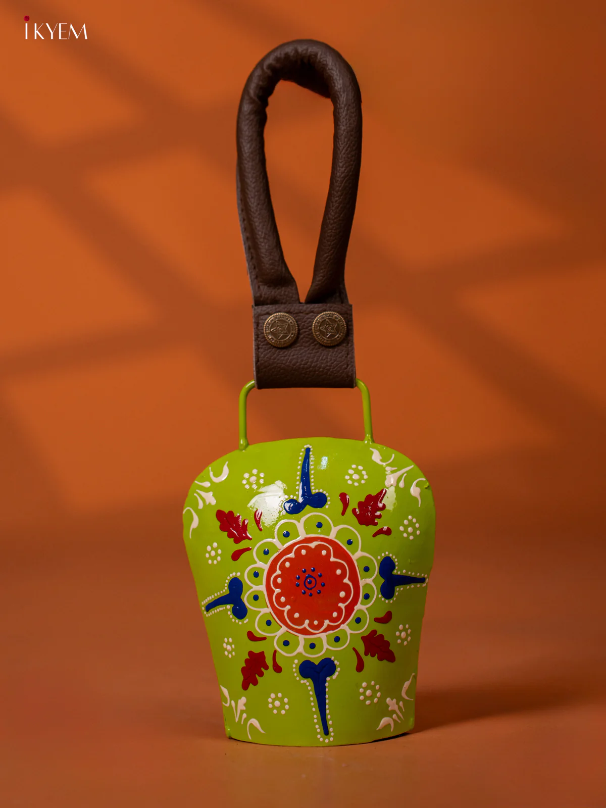 Hand Painted Cow Bell with Leather Handle - Medium - Green -KE27157