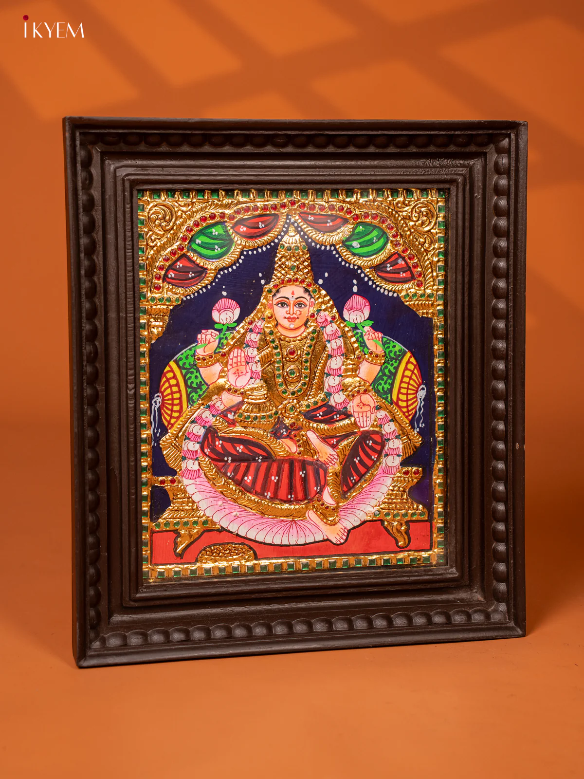 Gaja Lakshmi - Tanjore Painting (15x13) - Marron with green - KE27188 - Image 3