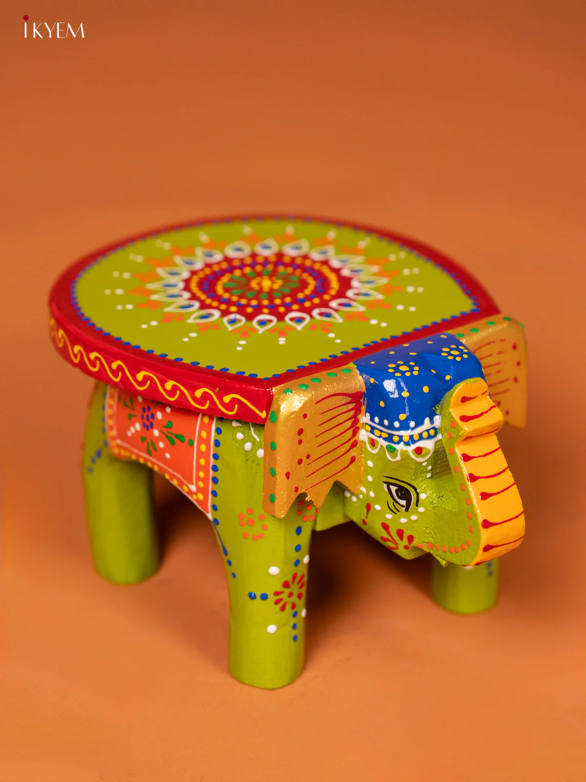 Wooden Hand Painted elephant stool 4 inch - Green - KE27210 - Image 2