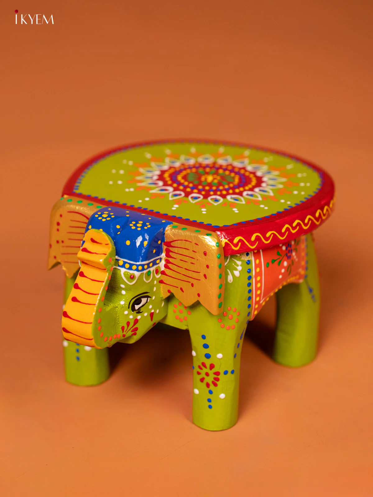 Wooden Hand Painted elephant stool 4 inch - Green - KE27210 - Image 3