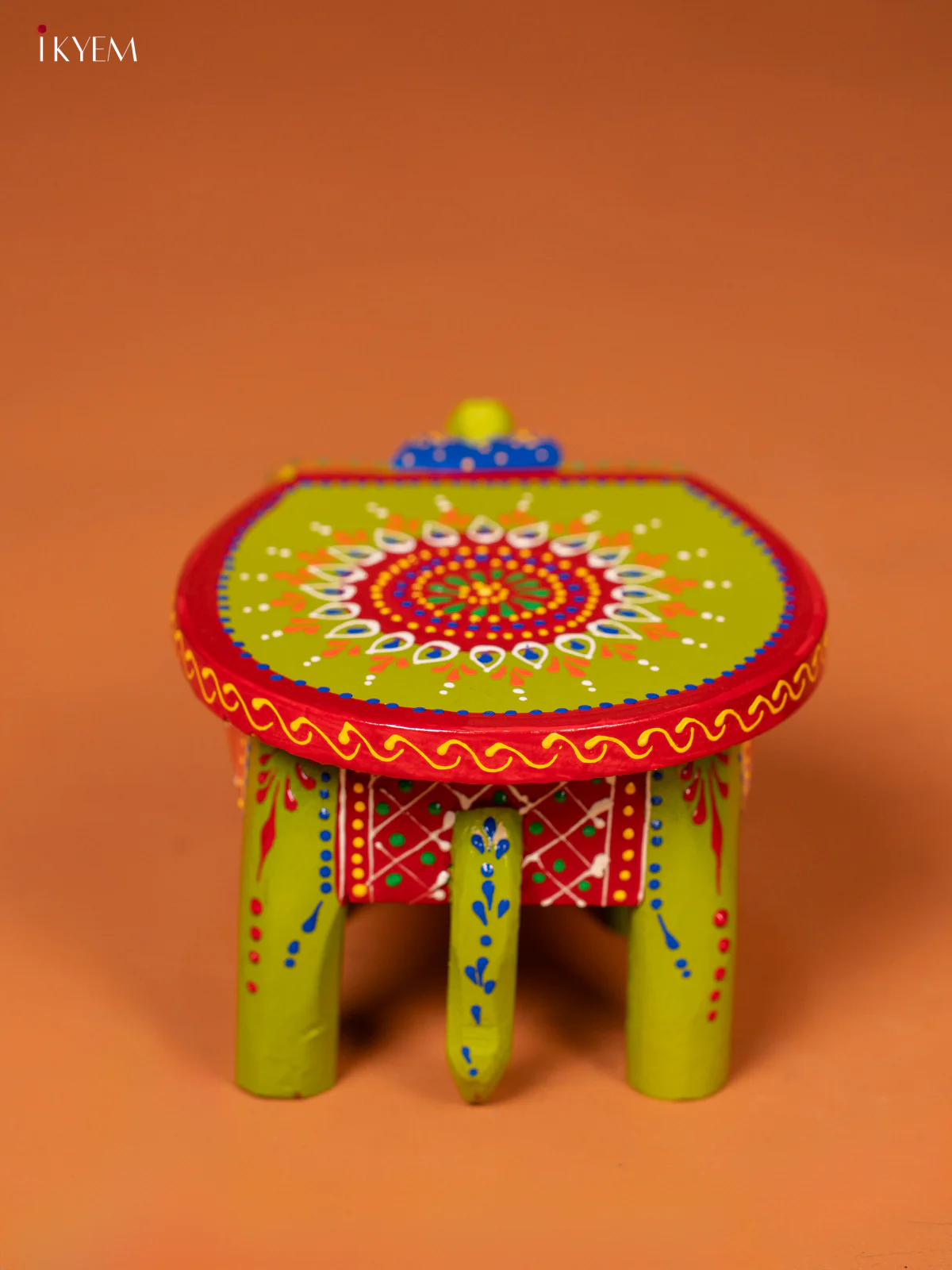 Wooden Hand Painted elephant stool 4 inch - Green - KE27210 - Image 4
