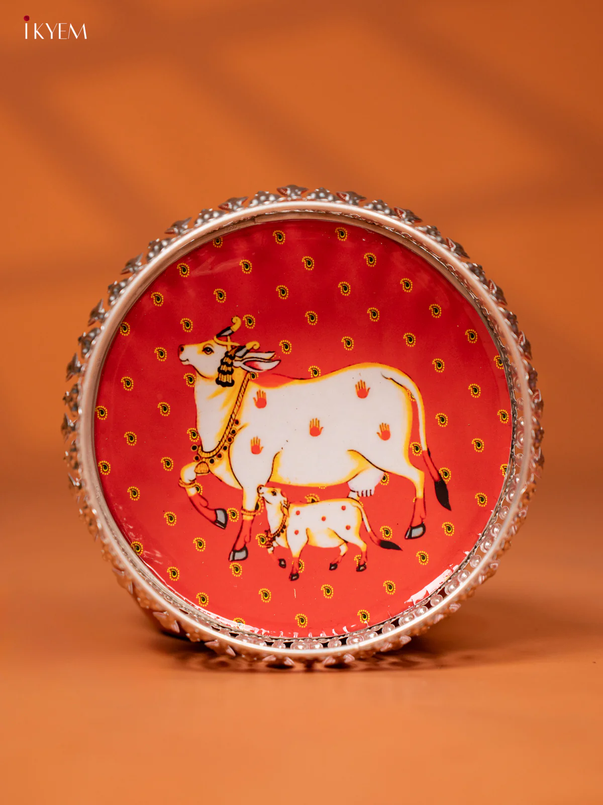 Digital Printed German Silver Pichwai Tray - Cow & Calf - RED (6 inch) - KE28111