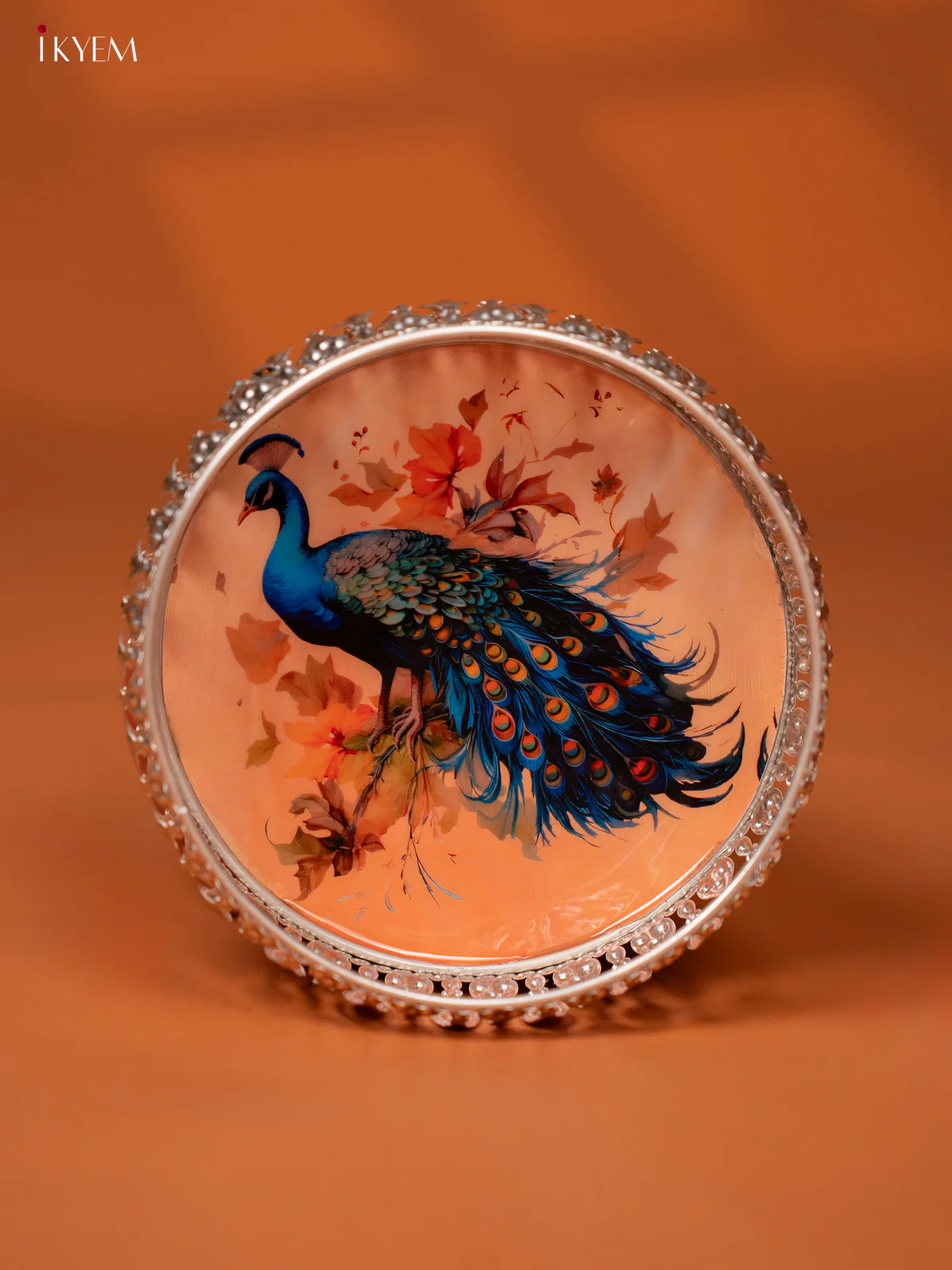 Digital Printed German Silver Pichwai Tray - Peacock - Peach (6 inch) - KE28119