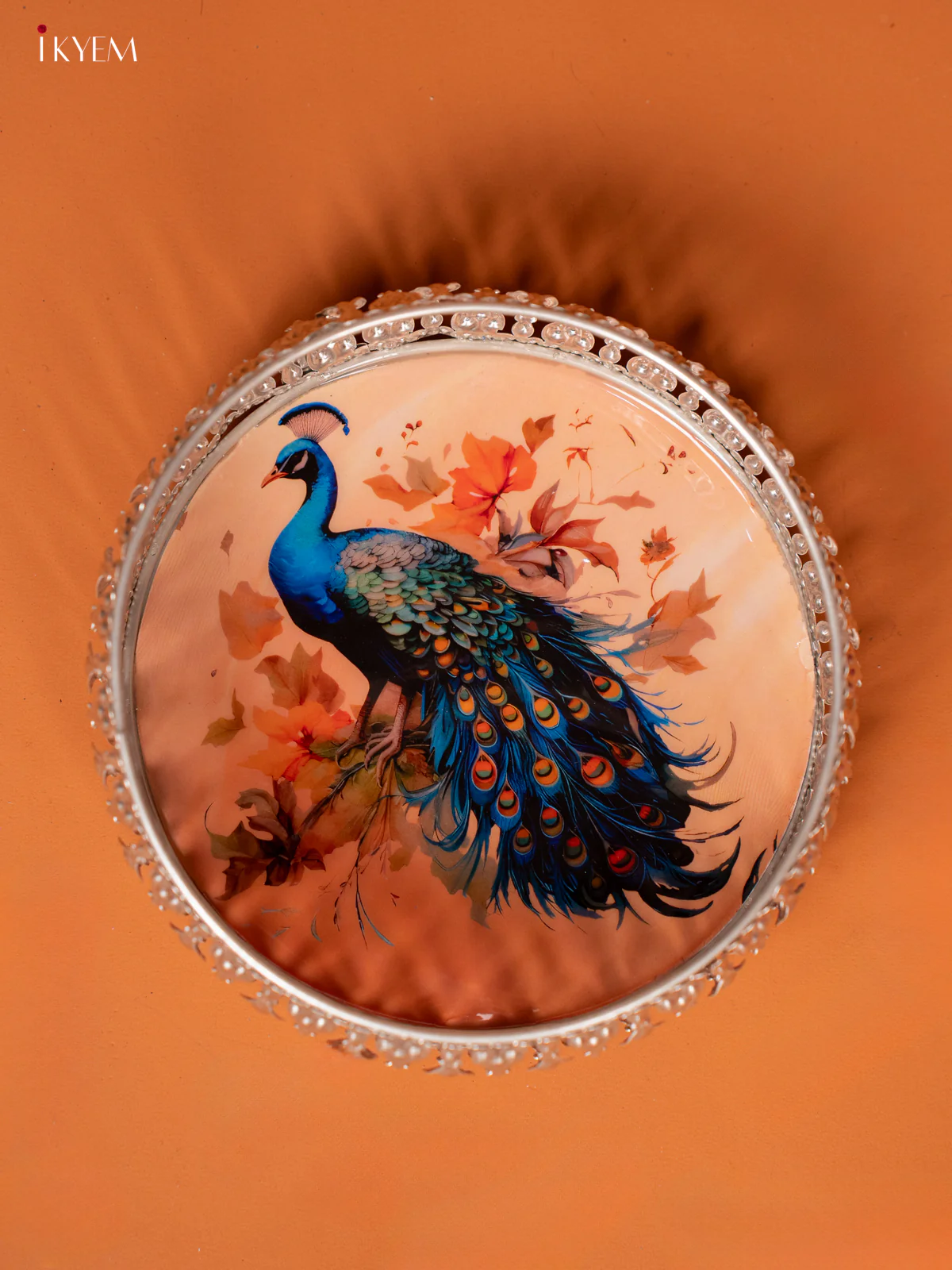 Digital Printed German Silver Pichwai Tray - Peacock - Peach (6 inch) - KE28119 - Image 3