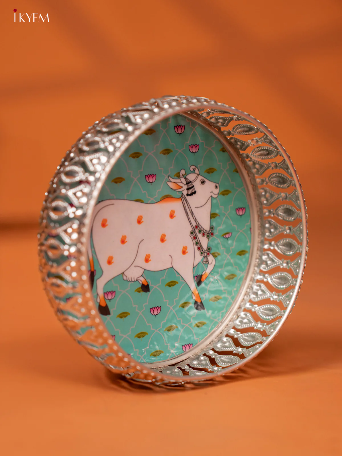 Digital Printed German Silver Pichwai Tray - Cow - TEAL BLUE (6 inch) - KE28123 - Image 2