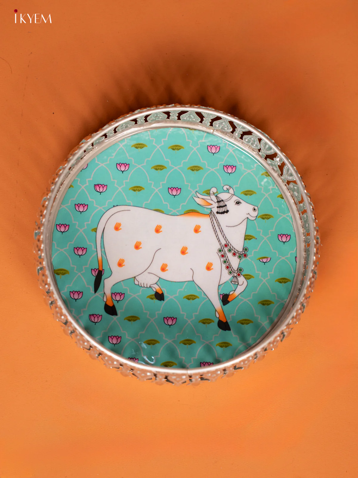 Digital Printed German Silver Pichwai Tray - Cow - TEAL BLUE (6 inch) - KE28123 - Image 3