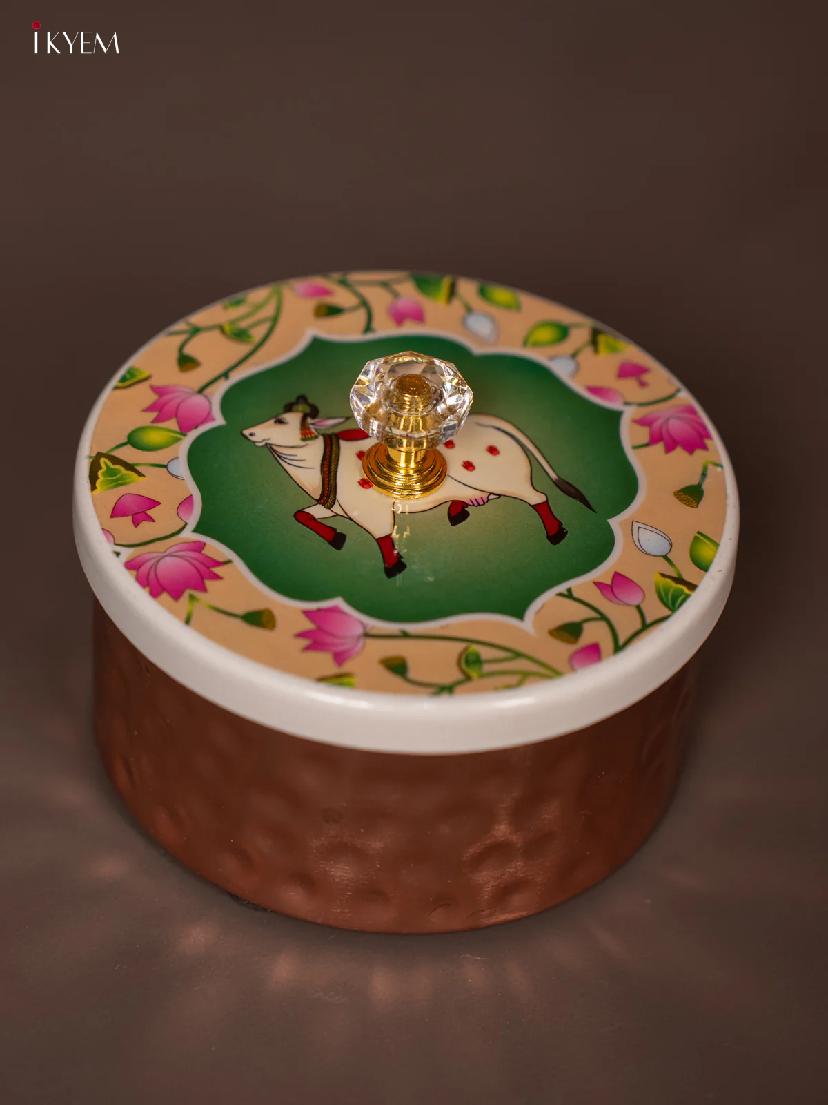 Digital Printed Copper Dry Fruit Jar - Pichwai Cow - GREEN - KE28128