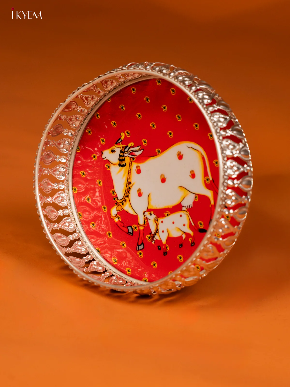 Digital Printed German Silver Tray - 8 Inch - Cow & Calf - Red - KE28133 - Image 3