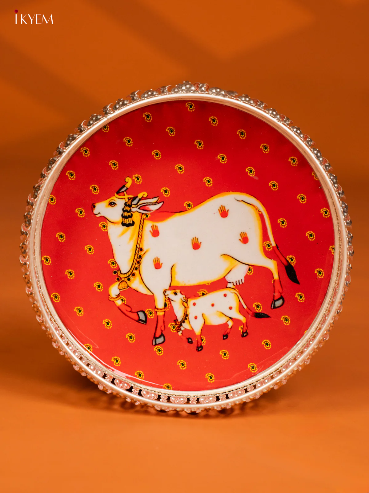Digital Printed German Silver Tray - 8 Inch - Cow & Calf - Red - KE28149