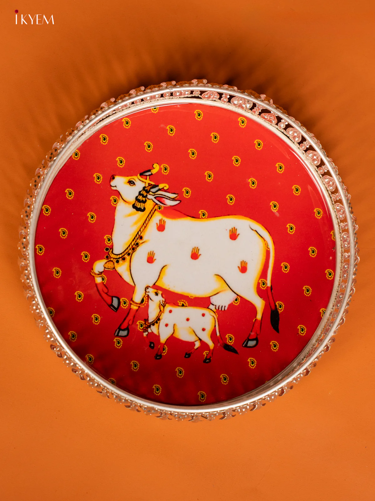 Digital Printed German Silver Tray - 8 Inch - Cow & Calf - Red - KE28149 - Image 3
