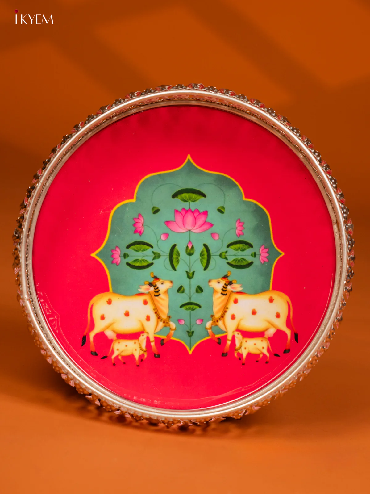 Digital Printed German Silver Tray - 8 Inch - Cow & Calf - Pink - KE28151