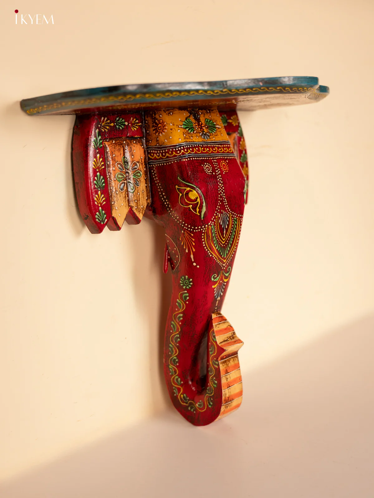 Wooden Wall stand/shelf/bracket Elephant face - Big - Red with Blue - KE29192 - Image 2