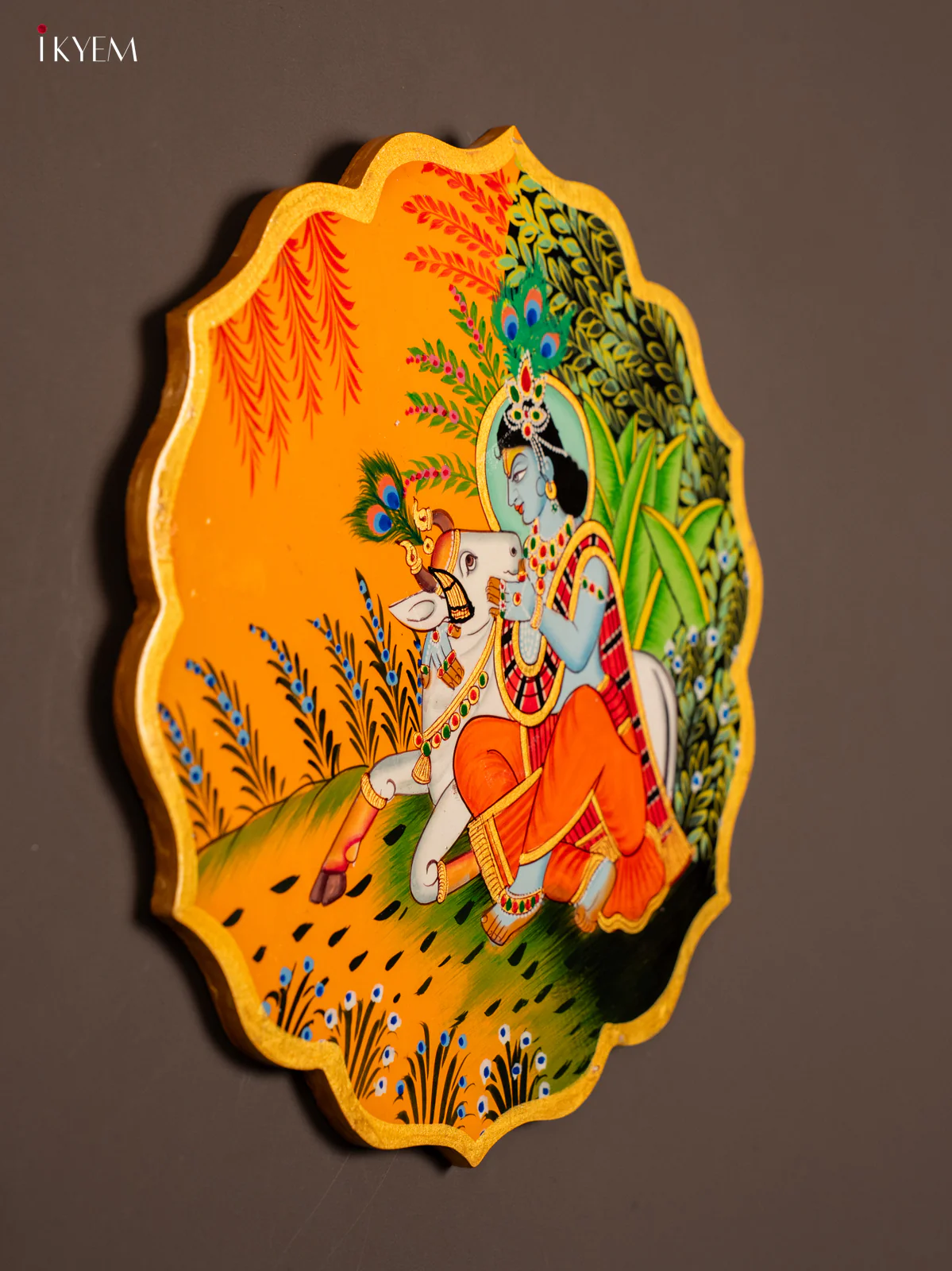 Wooden Hand painted Wall hanging plates - Krishna & Cow - KE29195 - Image 2