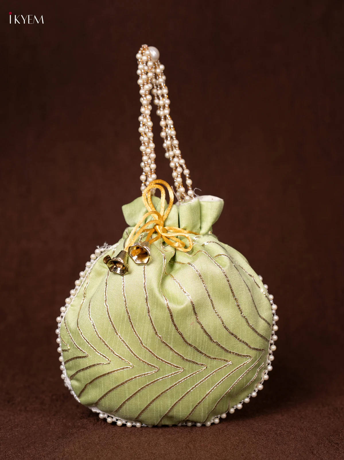 Raw Silk Embroidered Potli Bags- Green - KEA0825