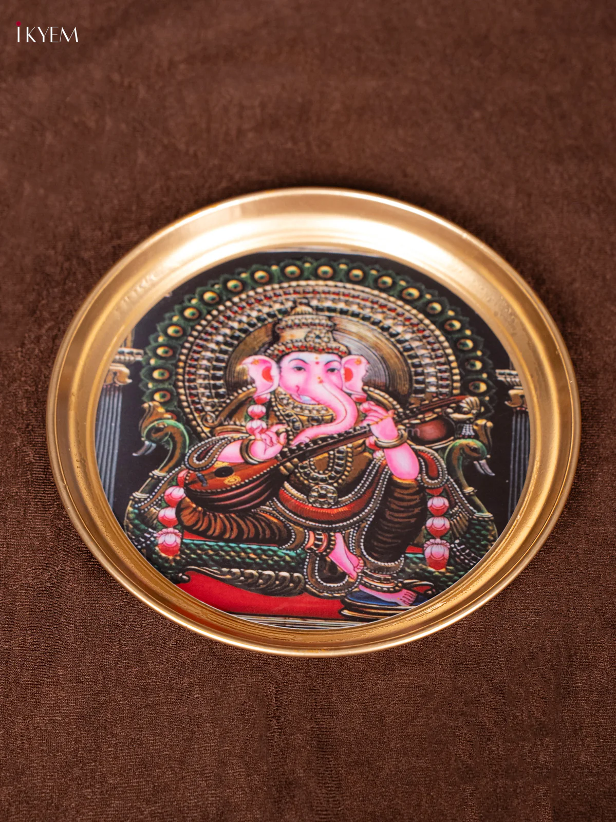 Ganesha & Peacock   - Printed Brass Coated Plate - 8 inch - KEA1033