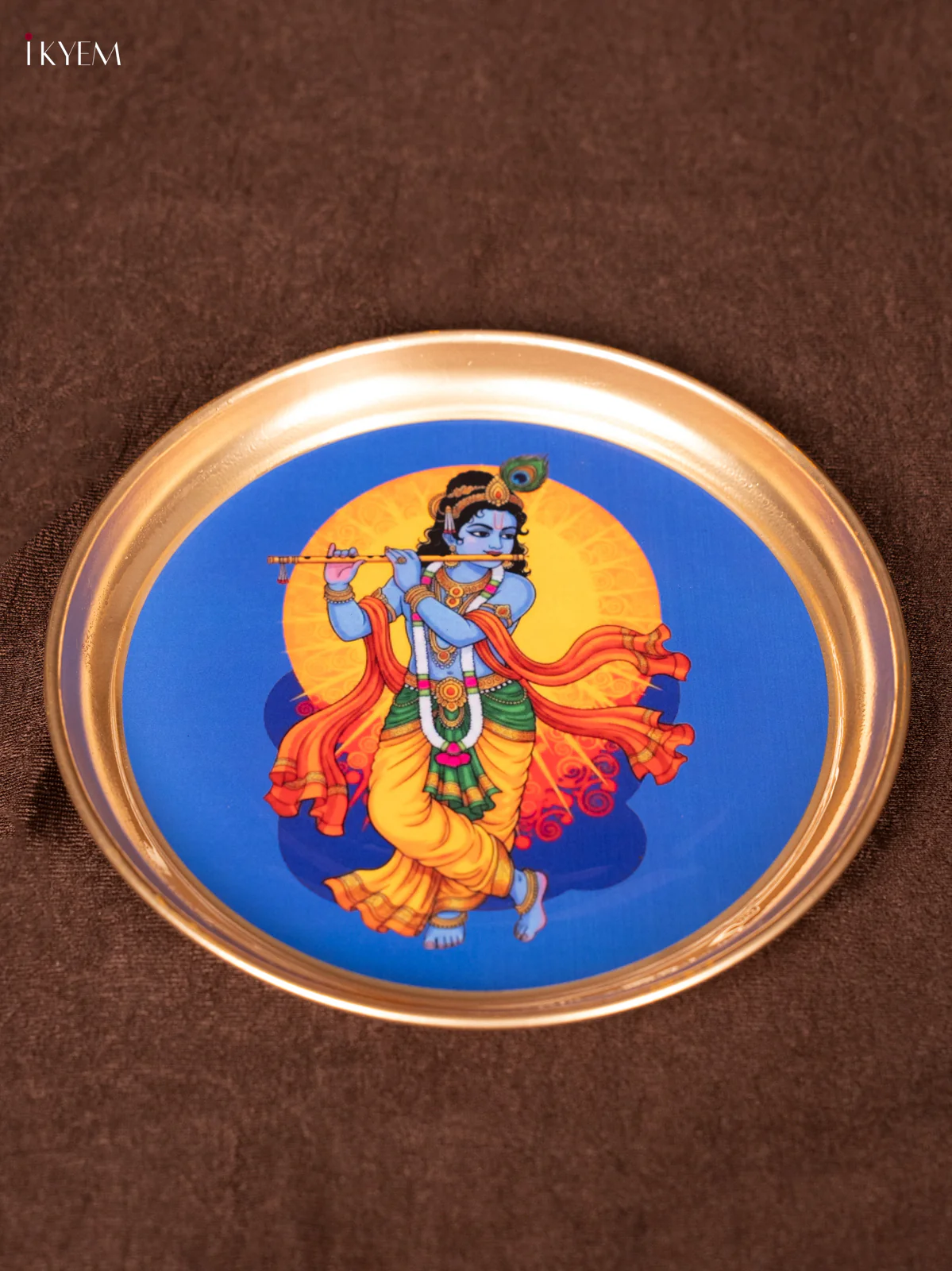 Krishna - Blue - Printed Brass Coated Plate - 8 inch - KEA1036