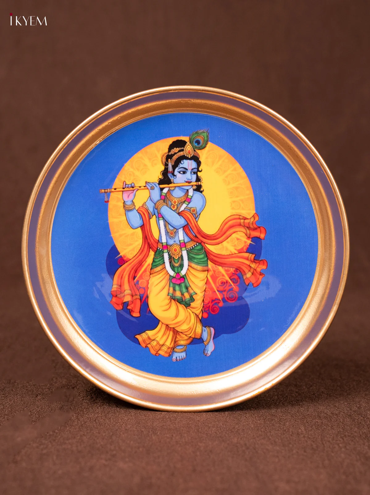Krishna - Blue - Printed Brass Coated Plate - 8 inch - KEA1036 - Image 2