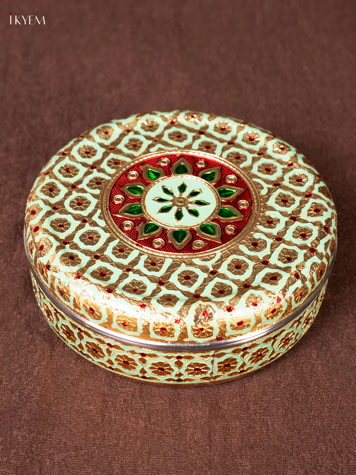 Pista Green & Red Meenakari Steel Box - 8inch - KEA1114