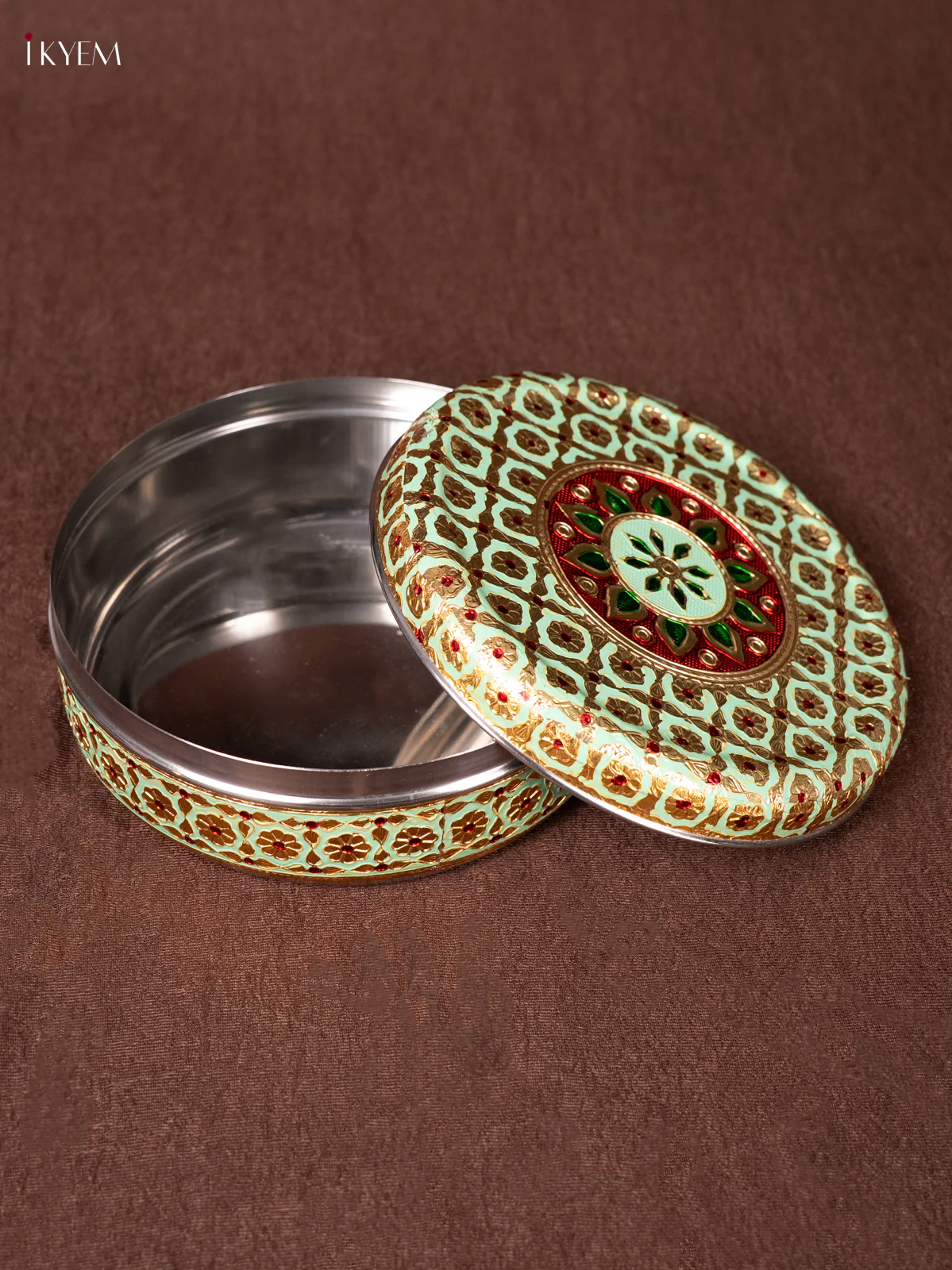 Pista Green & Red Meenakari Steel Box - 6.5inch - KEA1116 - Image 2