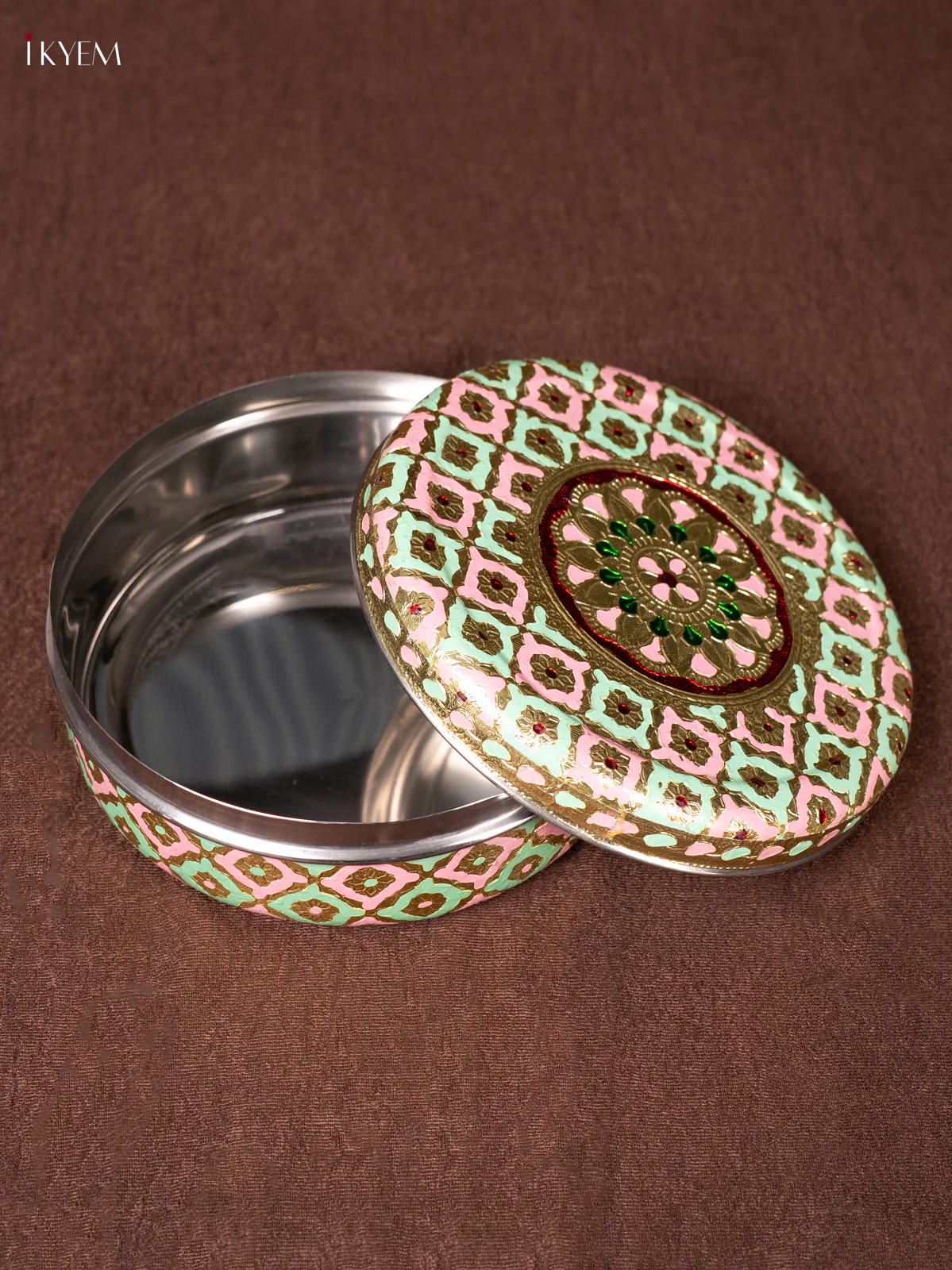 Pista Green & Pink Meenakari Design Steel Box - 6.5 inch - KEA1125 - Image 2