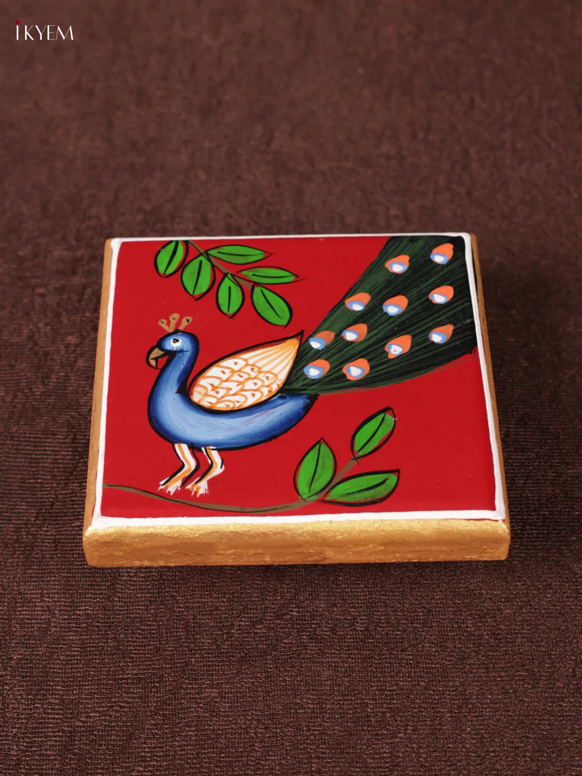 Wooden Hand Painted Manai - (4×4) - Peacock - Red - KEA1218