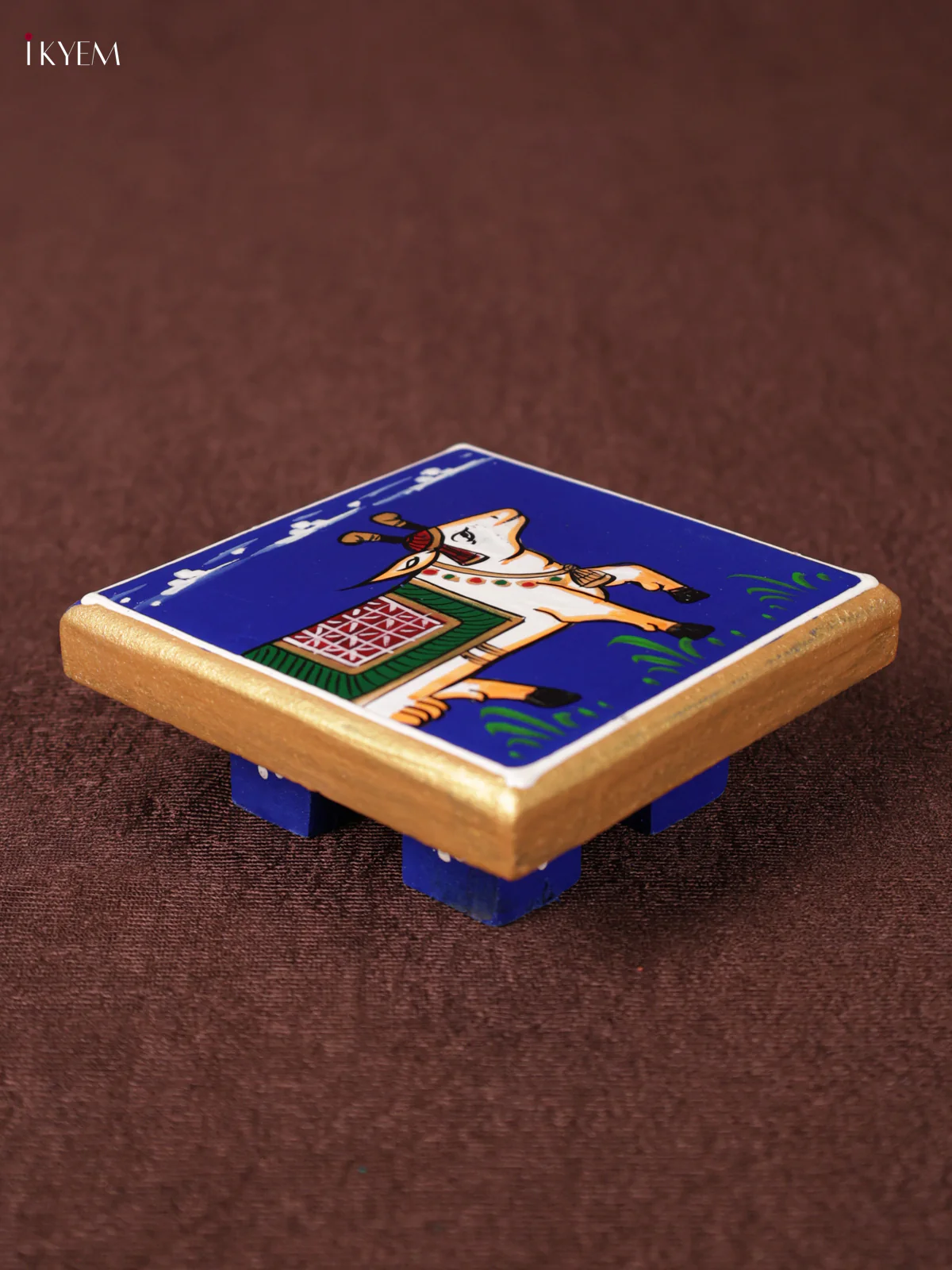 Wooden Hand Painted Manai - (4×4) - Cow - Blue - KEA1230 - Image 2
