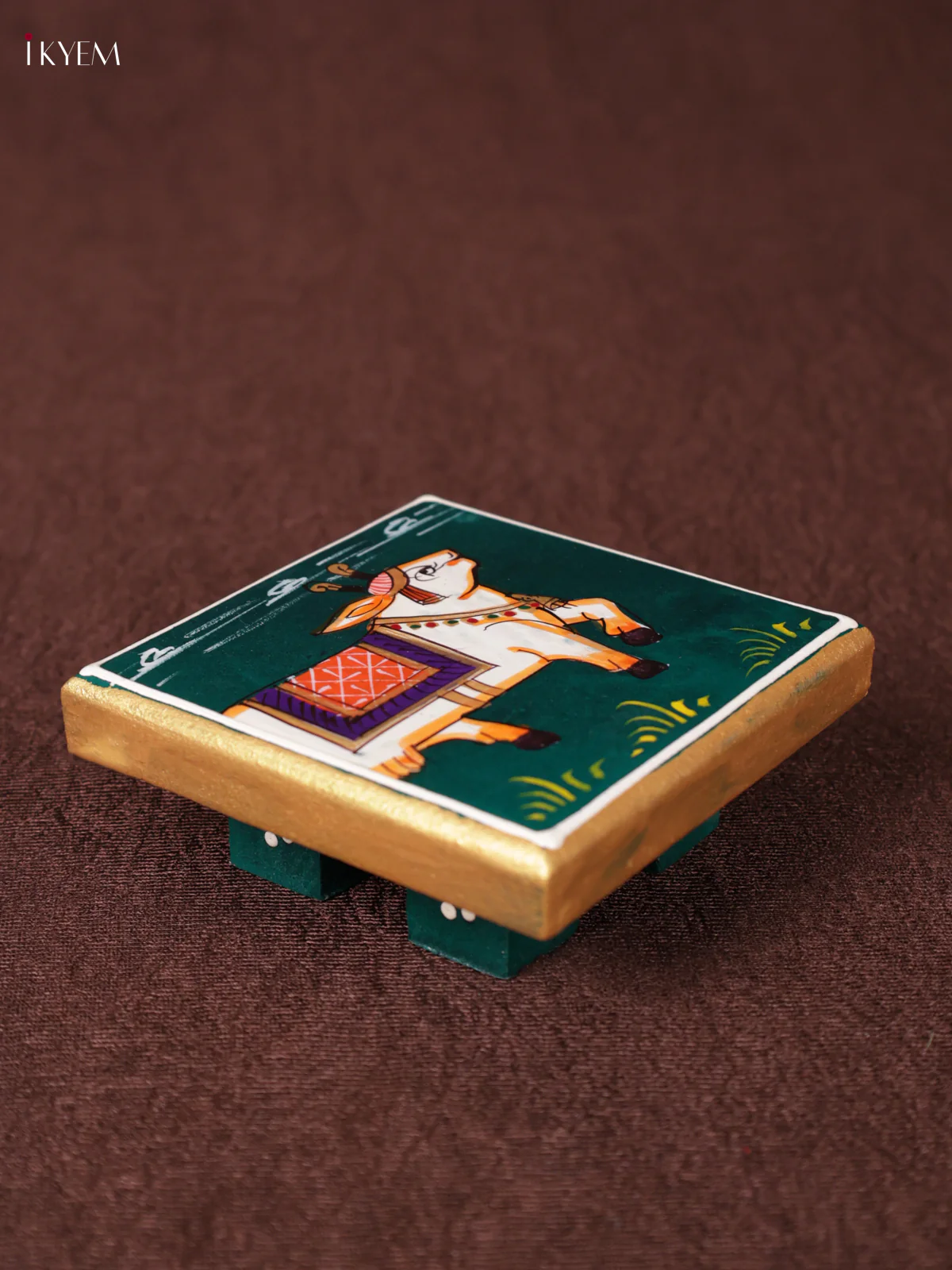 Wooden Hand Painted Manai - (4×4) - Cow - Green - KEA1232 - Image 2
