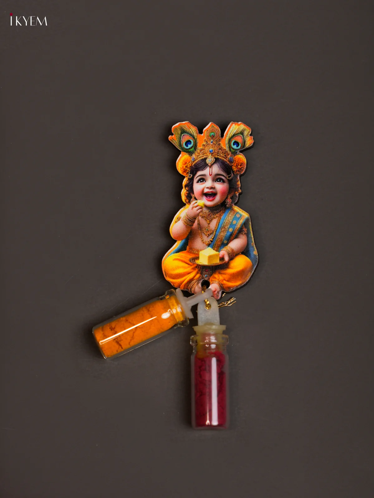 Haldi Kumkum Bottle with Fridge Magnets - Krishna Eating  Butter - KEA2617
