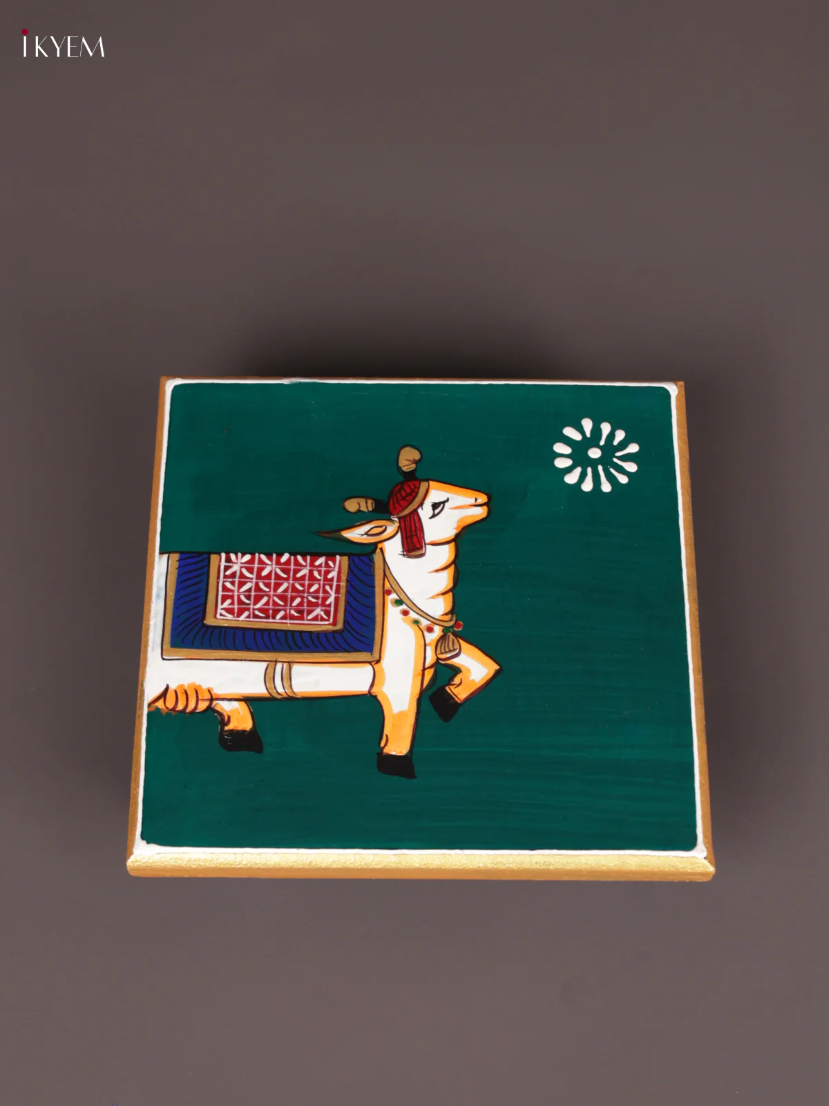 Wooden Hand Painted Manai - (6×6) - Cow - Green - KEB0216