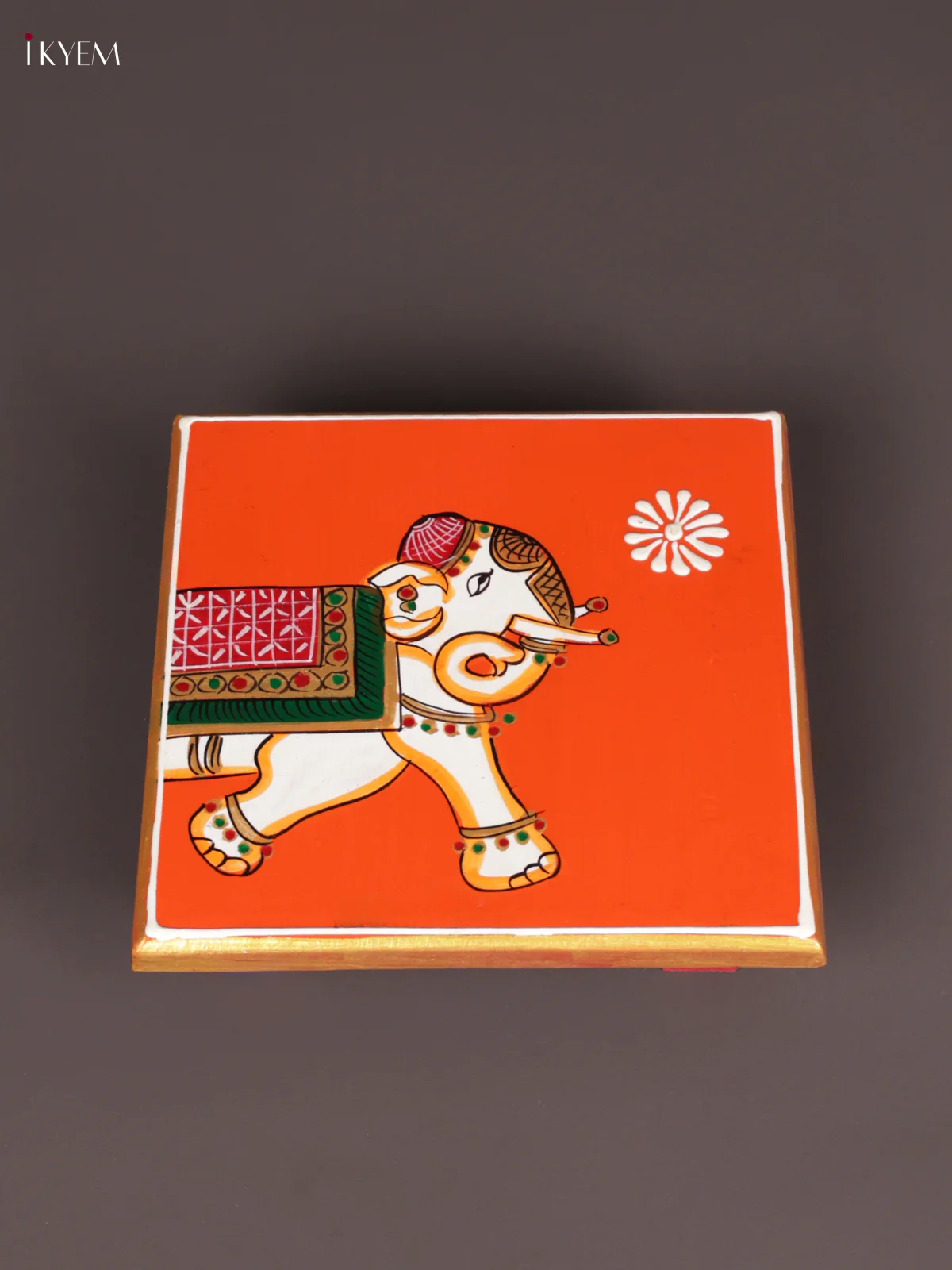 Wooden Hand Painted Manai - (6×6) - Elephant - Orange - KEB0222