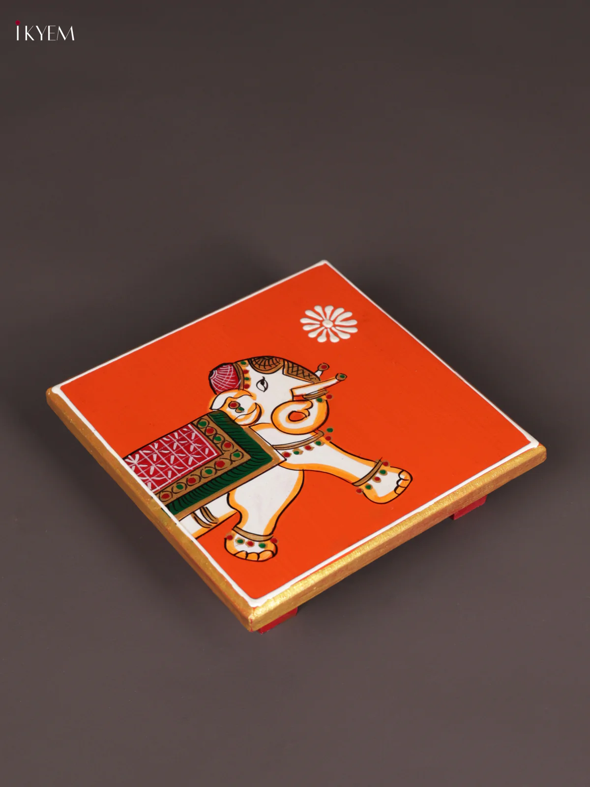 Wooden Hand Painted Manai - (6×6) - Elephant - Orange - KEB0222 - Image 2
